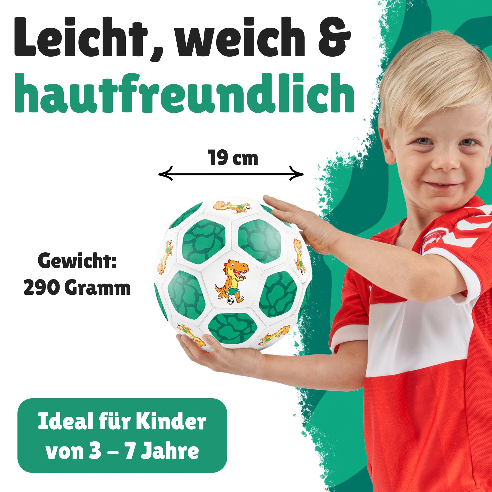 Kinderfußball Dino in Weiß-Grün für kleine Entdecker